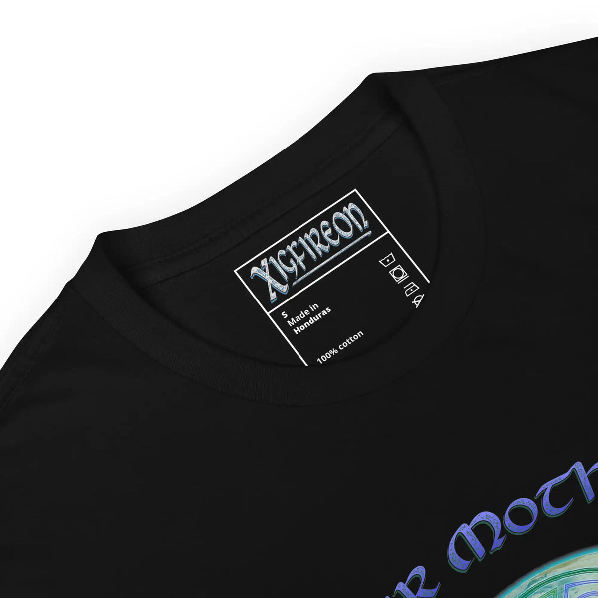 A close up of a black Xigfireon graphic t-shirt featuring the Sacred Planet iteration of the Reach Of The Spirit Celtic knot design along with a message in a Celtic font: "Our Mother, Cherish Her".