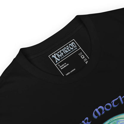 A close up of a black Xigfireon graphic t-shirt featuring the Sacred Planet iteration of the Reach Of The Spirit Celtic knot design along with a message in a Celtic font: "Our Mother, Cherish Her".
