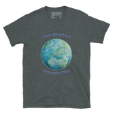 This dark heather grey graphic t-shirt features the Sacred Planet iteration of the `Reach Of The Spirit` Celtic knot design along with a message in a Celtic font: "Our Mother, Cherish Her".