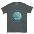 This dark heather grey graphic t-shirt features the Sacred Planet iteration of the Reach Of The Spirit Celtic knot design along with a message in a Celtic font: "Our Mother, Cherish Her".