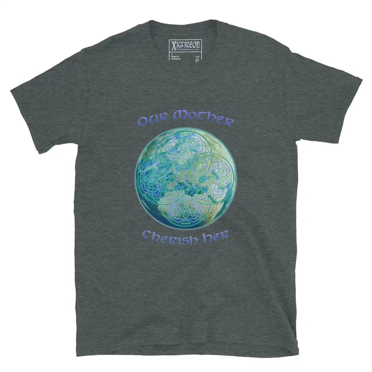 This dark heather grey graphic t-shirt features the Sacred Planet iteration of the `Reach Of The Spirit` Celtic knot design along with a message in a Celtic font: "Our Mother, Cherish Her".