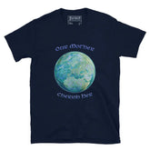 This navy blue graphic t-shirt features the Sacred Planet iteration of the `Reach Of The Spirit` Celtic knot design along with a message in a Celtic font: "Our Mother, Cherish Her".
