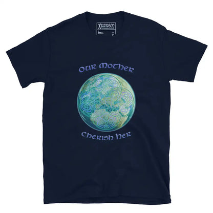 This navy blue graphic t-shirt features the Sacred Planet iteration of the Reach Of The Spirit Celtic knot design along with a message in a Celtic font: "Our Mother, Cherish Her".