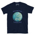 This navy blue graphic t-shirt features the Sacred Planet iteration of the Reach Of The Spirit Celtic knot design along with a message in a Celtic font: "Our Mother, Cherish Her".