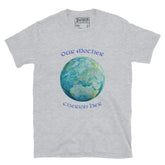 This sport grey graphic t-shirt features the Sacred Planet iteration of the `Reach Of The Spirit` Celtic knot design along with a message in a Celtic font: "Our Mother, Cherish Her".