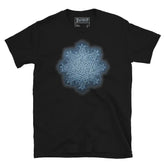The Blue Slate iteration of the Morning Star Fire Celtic knot design on a black t-shirt.