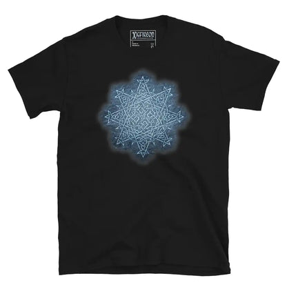 The Blue Slate iteration of the Morning Star Fire Celtic knot design on a black t-shirt.