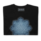A folded black graphic t-shirt featuring the Blue Slate iteration of the Morning Star Fire Celtic knot design.
