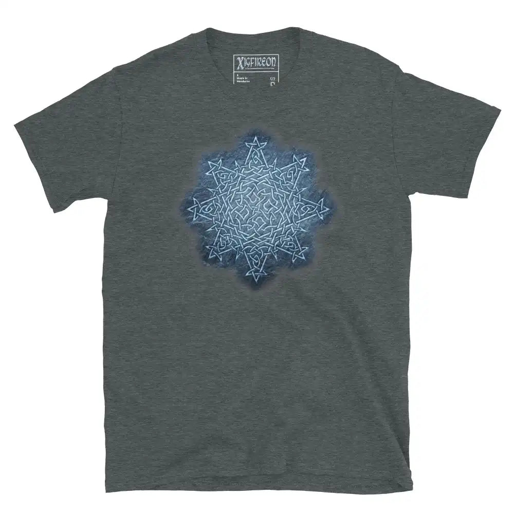 The Blue Slate iteration of the Morning Star Fire Celtic knot design on a dark heather t-shirt.