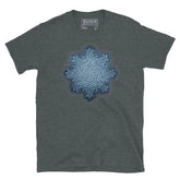 The Blue Slate iteration of the Morning Star Fire Celtic knot design on a dark heather t-shirt.