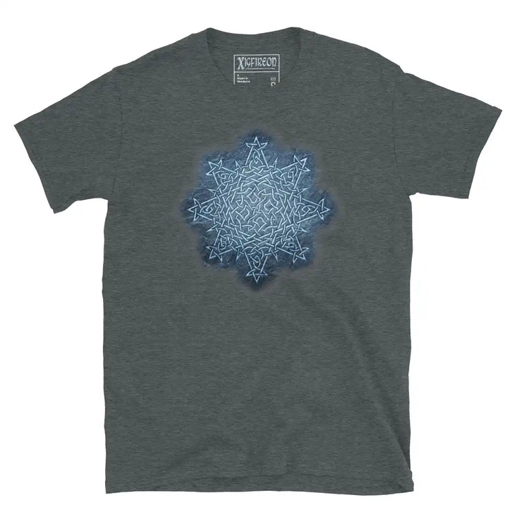 The Blue Slate iteration of the Morning Star Fire Celtic knot design on a dark heather t-shirt.