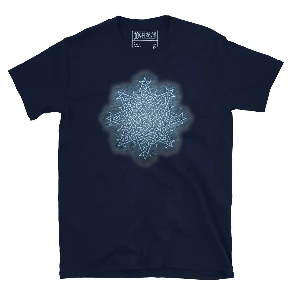 The Blue Slate iteration of the Morning Star Fire Celtic knot design on a navy blue t-shirt.
