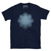 The Blue Slate iteration of the Morning Star Fire Celtic knot design on a navy blue t-shirt.