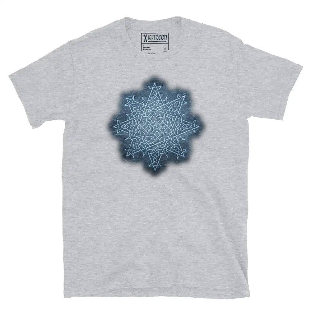 The Blue Slate iteration of the Morning Star Fire Celtic knot design on a sport grey t-shirt.