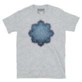 The Blue Slate iteration of the Morning Star Fire Celtic knot design on a sport grey t-shirt.