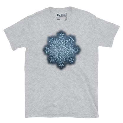 The Blue Slate iteration of the Morning Star Fire Celtic knot design on a sport grey t-shirt.