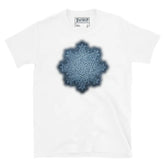 The Blue Slate iteration of the Morning Star Fire Celtic knot design on a white t-shirt.