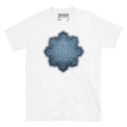 The Blue Slate iteration of the Morning Star Fire Celtic knot design on a white t-shirt.