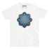 The Blue Slate iteration of the Morning Star Fire Celtic knot design on a white t-shirt.