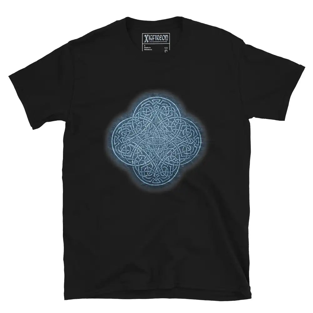 The Blue Slate iteration of the Reach Of The Spirit Celtic knot design on a black t-shirt.