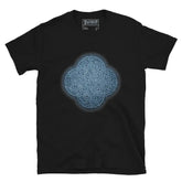 The Blue Slate iteration of the Reach Of The Spirit Celtic knot design on a black t-shirt.