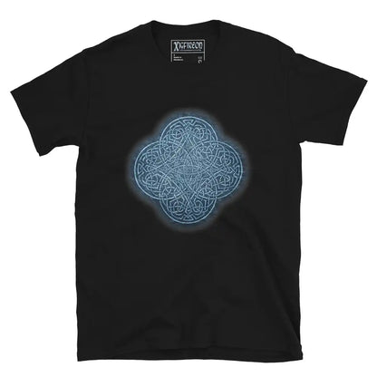 The Blue Slate iteration of the Reach Of The Spirit Celtic knot design on a black t-shirt.