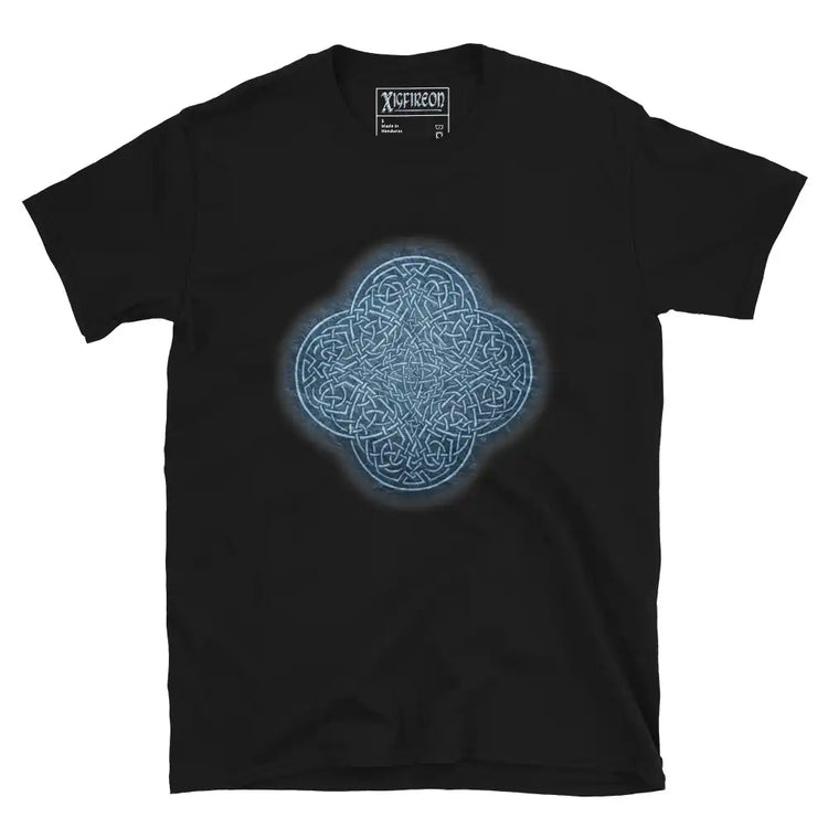 The Blue Slate iteration of the Reach Of The Spirit Celtic knot design on a black t-shirt.