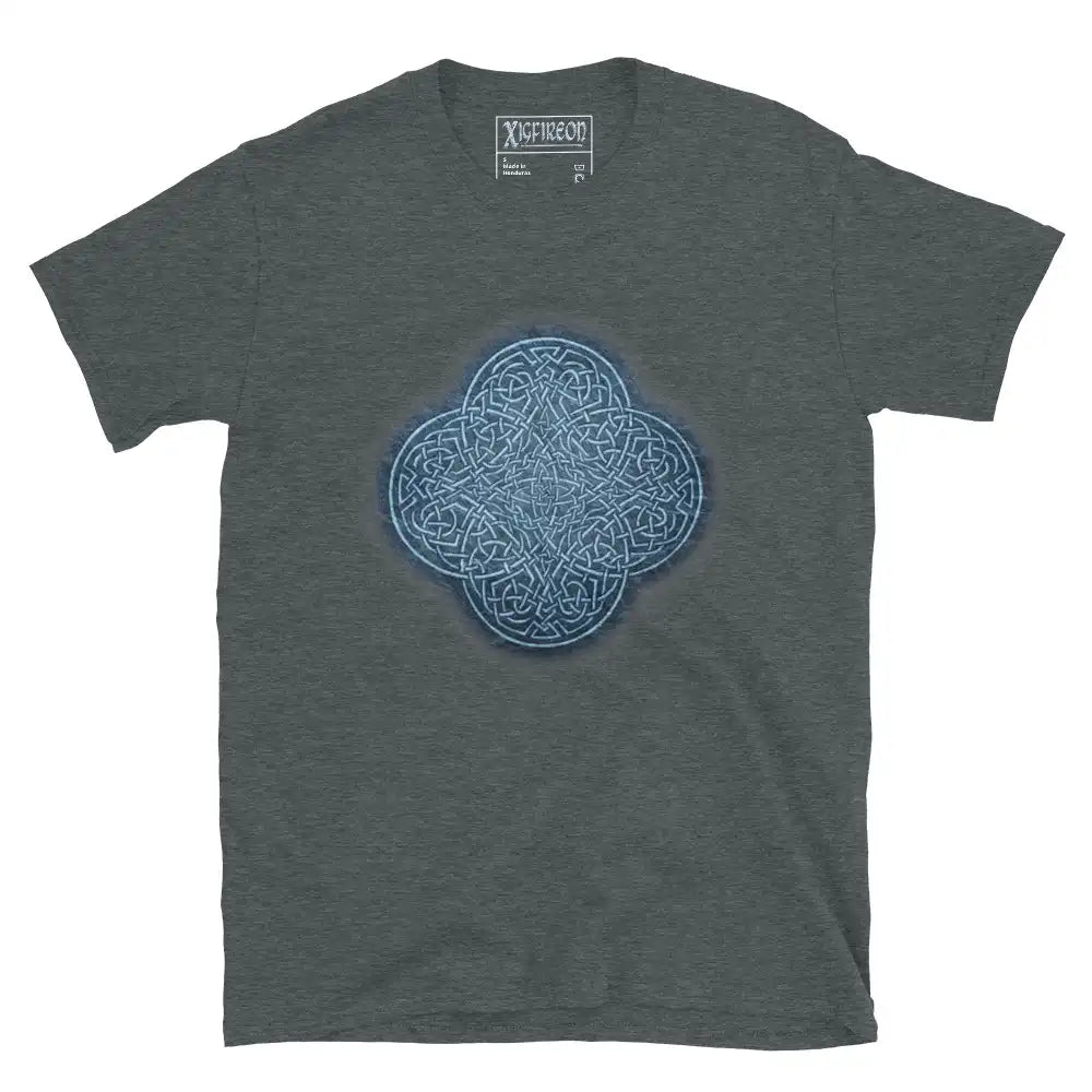 The Blue Slate iteration of the Reach Of The Spirit Celtic knot design on a dark heather t-shirt.
