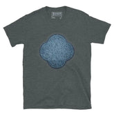 The Blue Slate iteration of the Reach Of The Spirit Celtic knot design on a dark heather t-shirt.