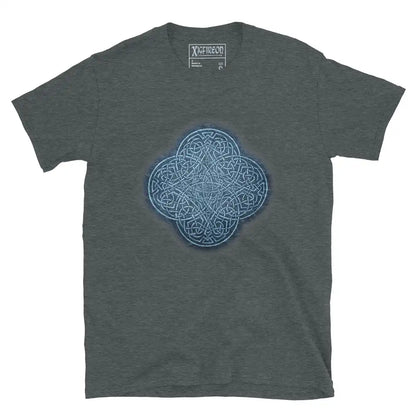 The Blue Slate iteration of the Reach Of The Spirit Celtic knot design on a dark heather t-shirt.