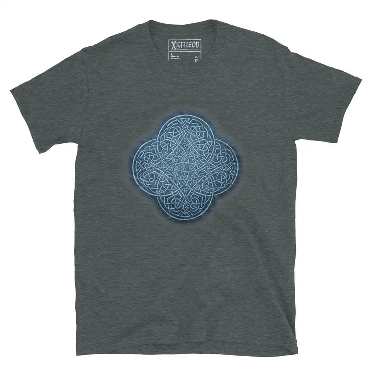The Blue Slate iteration of the Reach Of The Spirit Celtic knot design on a dark heather t-shirt.