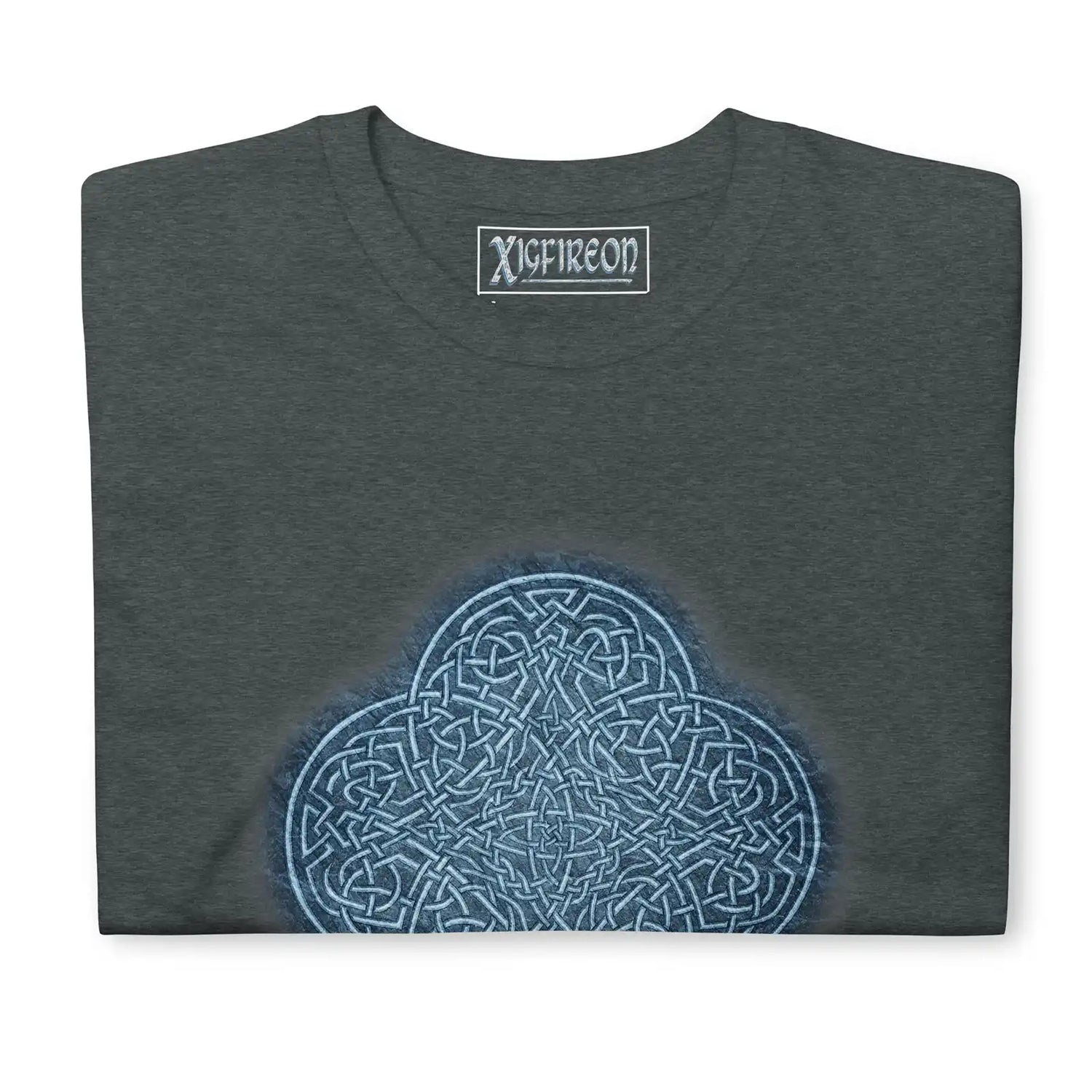 A folded dark heather graphic t-shirt featuring the Blue Slate iteration of the Reach Of The Spirit Celtic knot design.