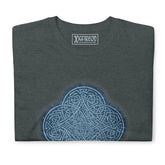 A folded dark heather graphic t-shirt featuring the Blue Slate iteration of the Reach Of The Spirit Celtic knot design.