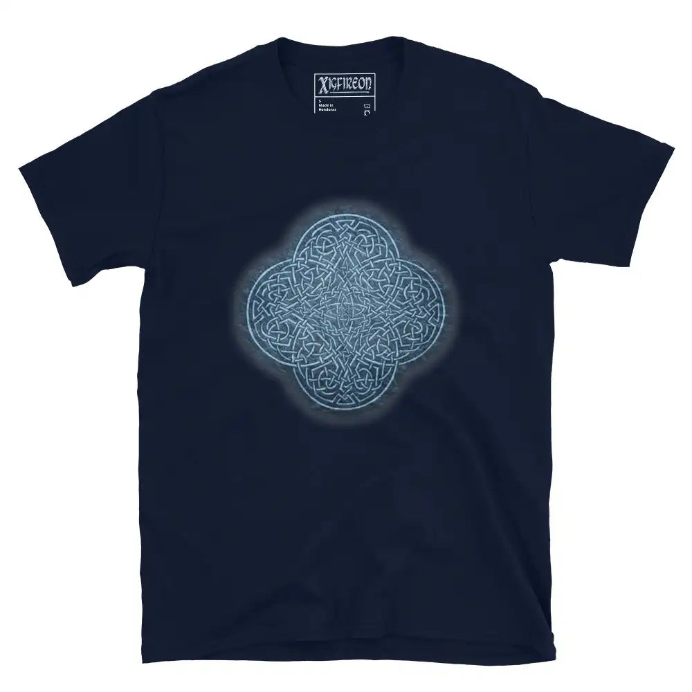 The Blue Slate iteration of the Reach Of The Spirit Celtic knot design on a navy blue t-shirt.