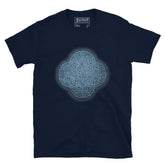 The Blue Slate iteration of the Reach Of The Spirit Celtic knot design on a navy blue t-shirt.
