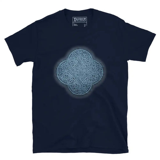 The Blue Slate iteration of the Reach Of The Spirit Celtic knot design on a navy blue t-shirt.