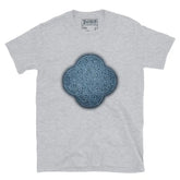 The Blue Slate iteration of the Reach Of The Spirit Celtic knot design on a grey t-shirt.