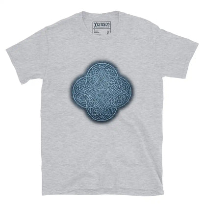 The Blue Slate iteration of the Reach Of The Spirit Celtic knot design on a grey t-shirt.
