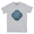 The Blue Slate iteration of the Reach Of The Spirit Celtic knot design on a grey t-shirt.