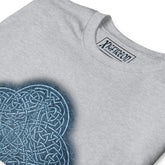 A zoomed-in view of a sport grey graphic t-shirt featuring the Blue Slate iteration of the Reach Of The Spirit Celtic knot design.