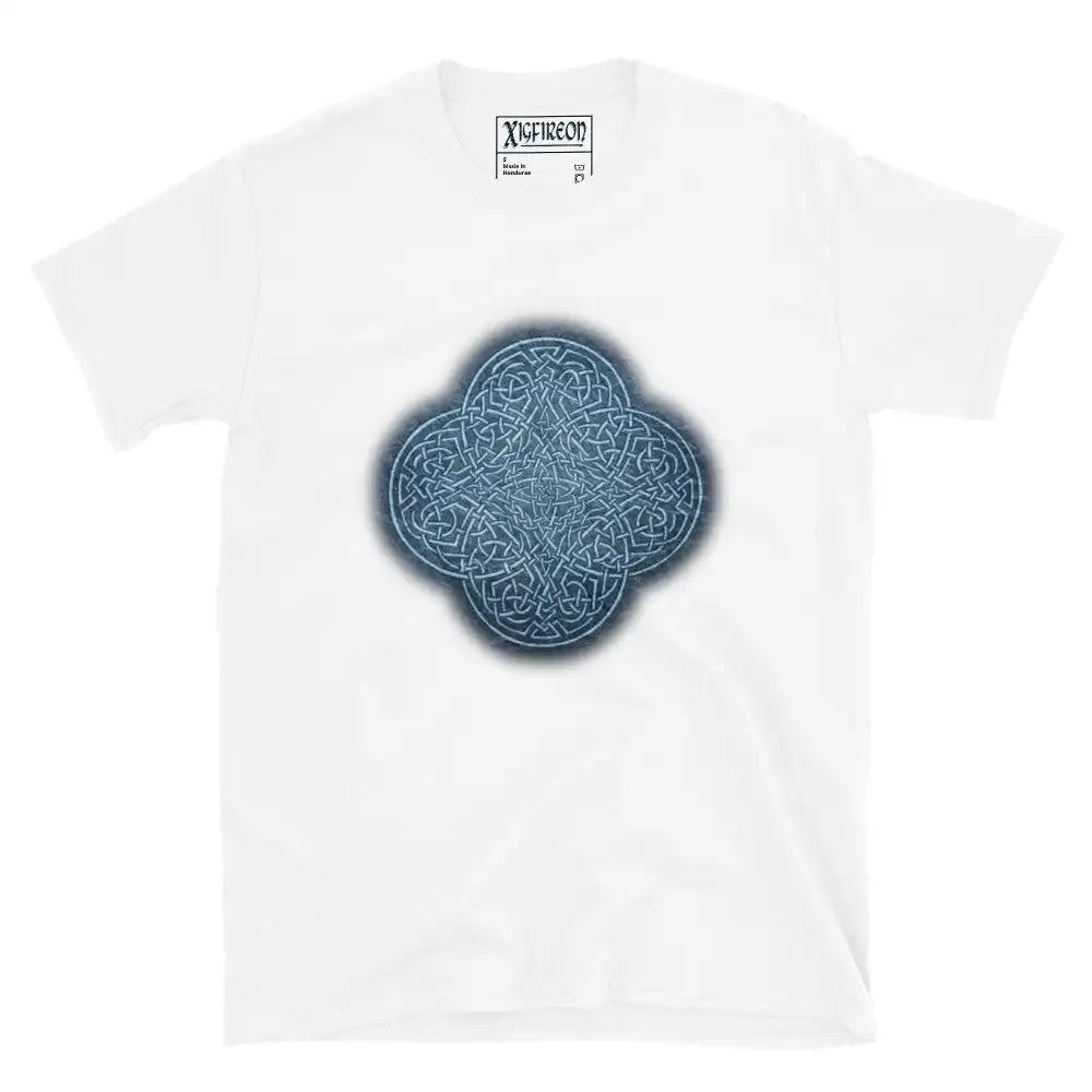The Blue Slate iteration of the Reach Of The Spirit Celtic knot design on a white t-shirt.