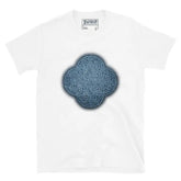 The Blue Slate iteration of the Reach Of The Spirit Celtic knot design on a white t-shirt.