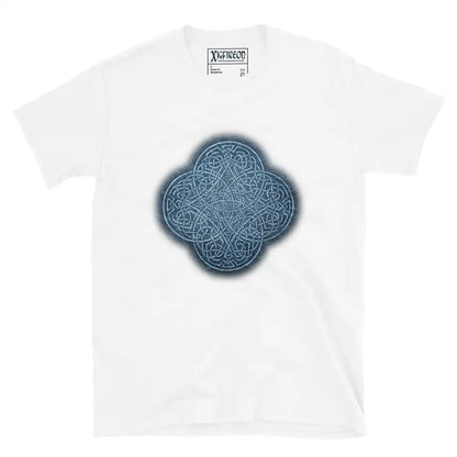 The Blue Slate iteration of the Reach Of The Spirit Celtic knot design on a white t-shirt.