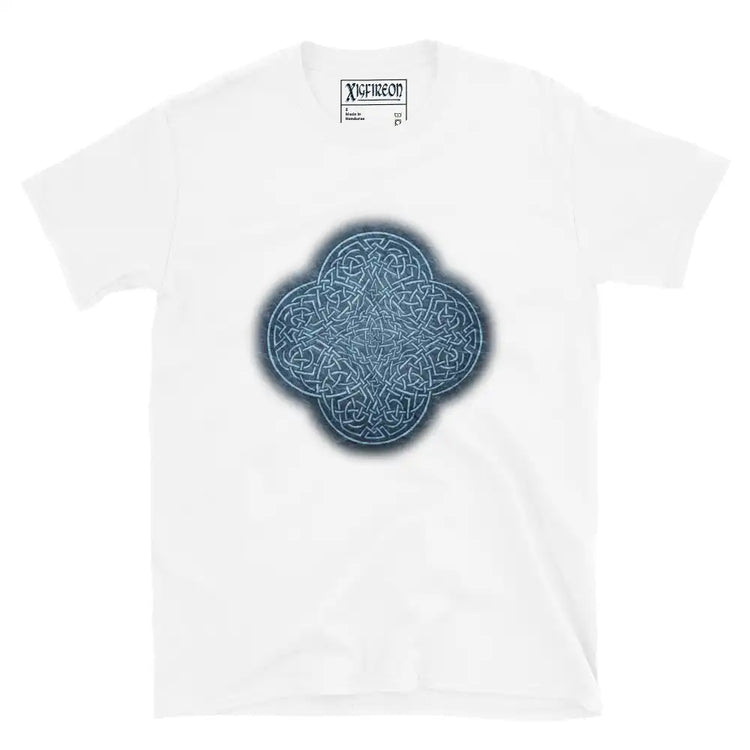 The Blue Slate iteration of the Reach Of The Spirit Celtic knot design on a white t-shirt.
