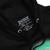 A closeup view of the logo on a black Xigfireon graphic hoodie featuring the Deep Forest iteration of the `Reach Of The Spirit` Celtic knot design.