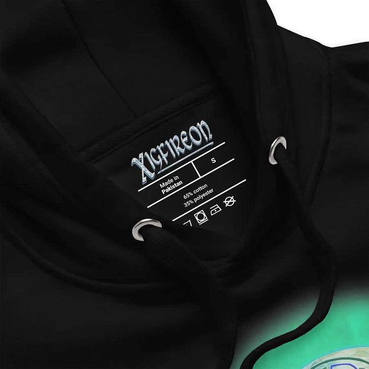 A closeup view of the logo on a black Xigfireon graphic hoodie featuring the Deep Forest iteration of the `Reach Of The Spirit` Celtic knot design.
