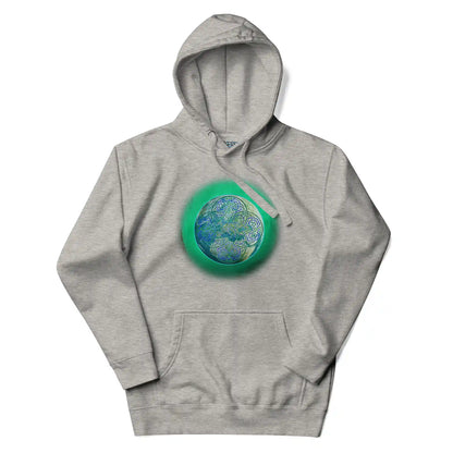 A carbon grey Xigfireon graphic hoodie featuring the Deep Forest iteration of the Reach Of The Spirit Celtic knot design.