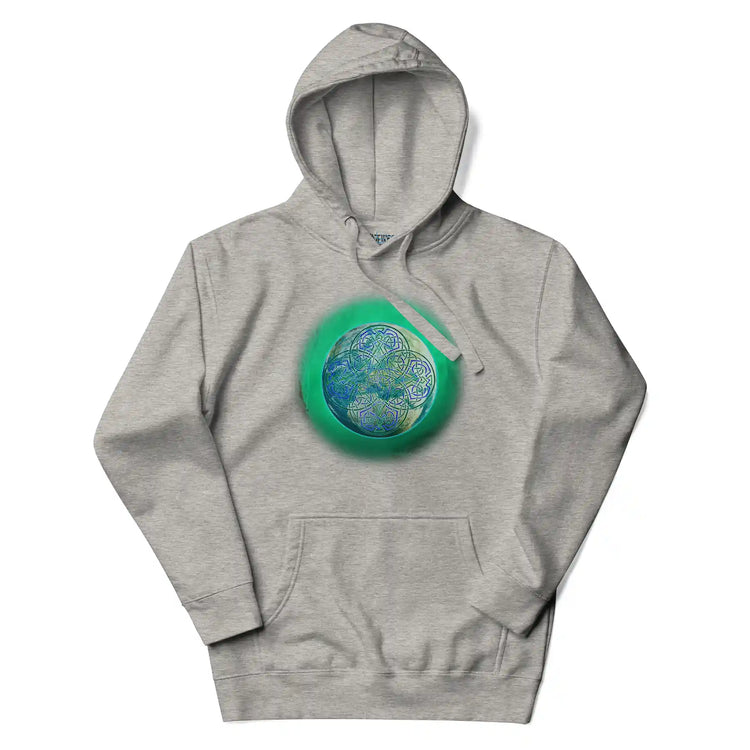 A carbon grey Xigfireon graphic hoodie featuring the Deep Forest iteration of the `Reach Of The Spirit` Celtic knot design.