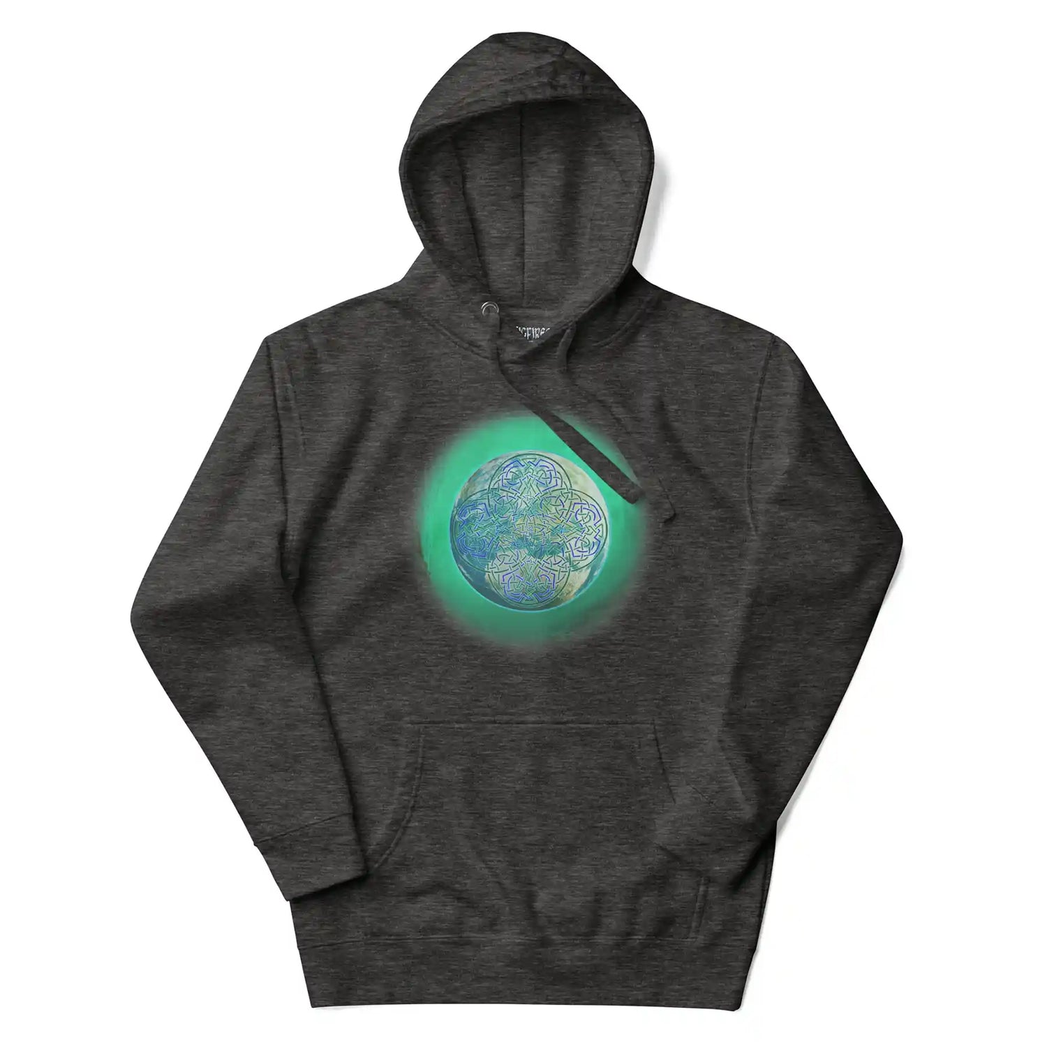 A charcoal heather grey Xigfireon graphic hoodie featuring the Deep Forest iteration of the `Reach Of The Spirit` Celtic knot design.