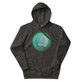 A charcoal heather grey Xigfireon graphic hoodie featuring the Deep Forest iteration of the `Reach Of The Spirit` Celtic knot design.